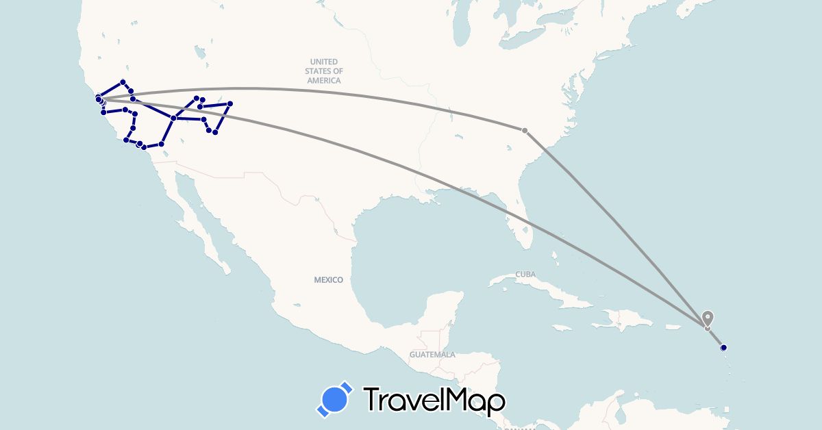 TravelMap itinerary: driving, plane in Guadeloupe, Netherlands, United States (Europe, North America)